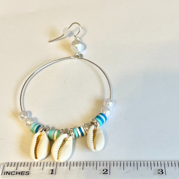 Silver Cowrie Shell White Freshwater Pearl Earrings Island Beach BIG Hoop Plated - Picture 9 of 10